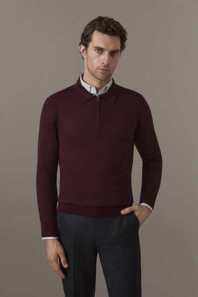 Merino Yün İpek Karışım Polo Yaka Yarım Fermuarlı Bordo Triko