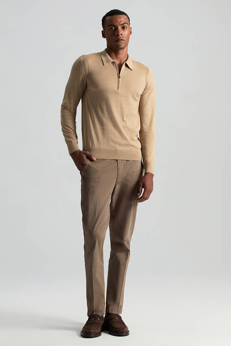 Merino Yün İpek Karışım Polo Yaka Yarım Fermuarlı Camel Triko