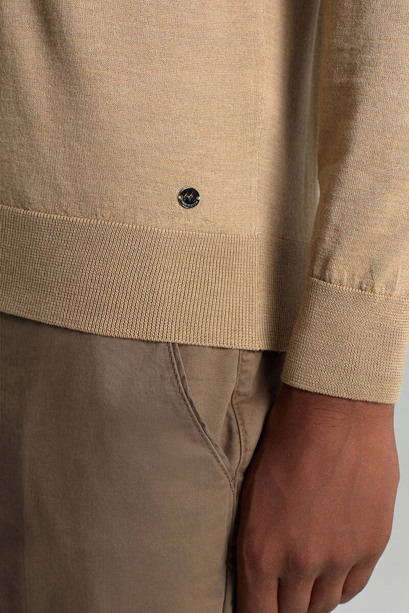 Merino Yün İpek Karışım Polo Yaka Yarım Fermuarlı Camel Triko