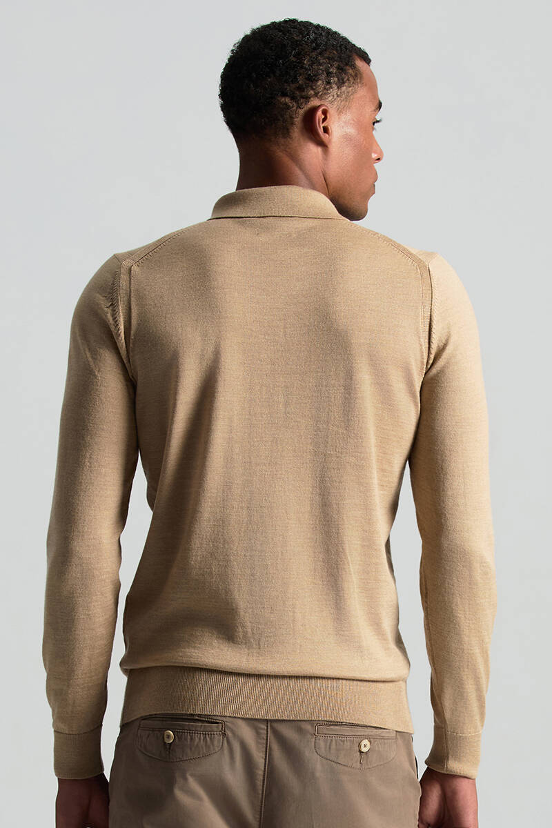 Merino Yün İpek Karışım Polo Yaka Yarım Fermuarlı Camel Triko