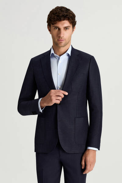 Merino Yün-İpek-Keten Karışım Lacivert Blazer Ceket