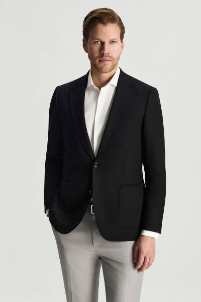 Merino Yün-İpek-Keten Karışım Siyah Blazer Ceket - Hemington