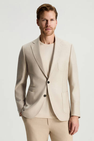 Merino Yün-İpek-Keten Karışım Taş Rengi Blazer Ceket