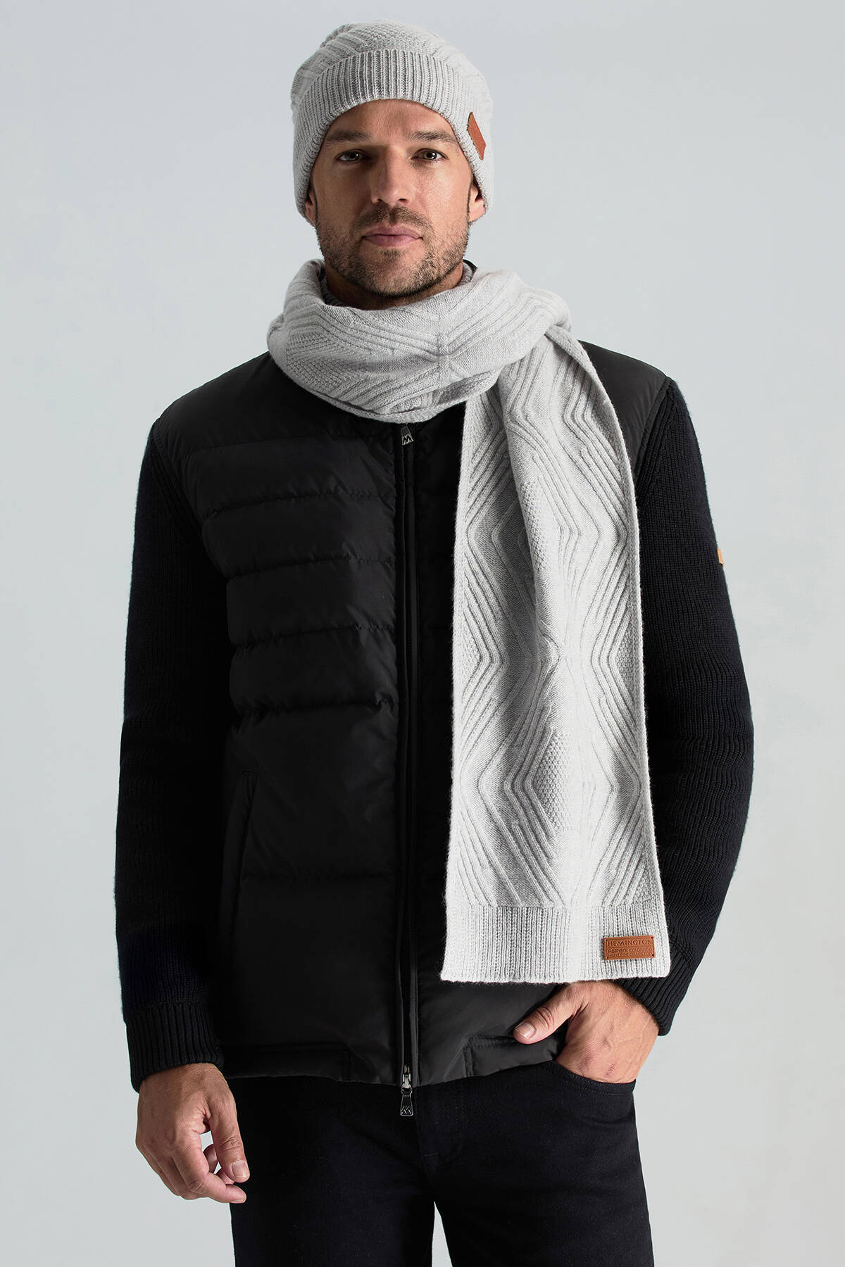 Merino Yün Kaşmir Karışım Desenli Açık Gri Bere