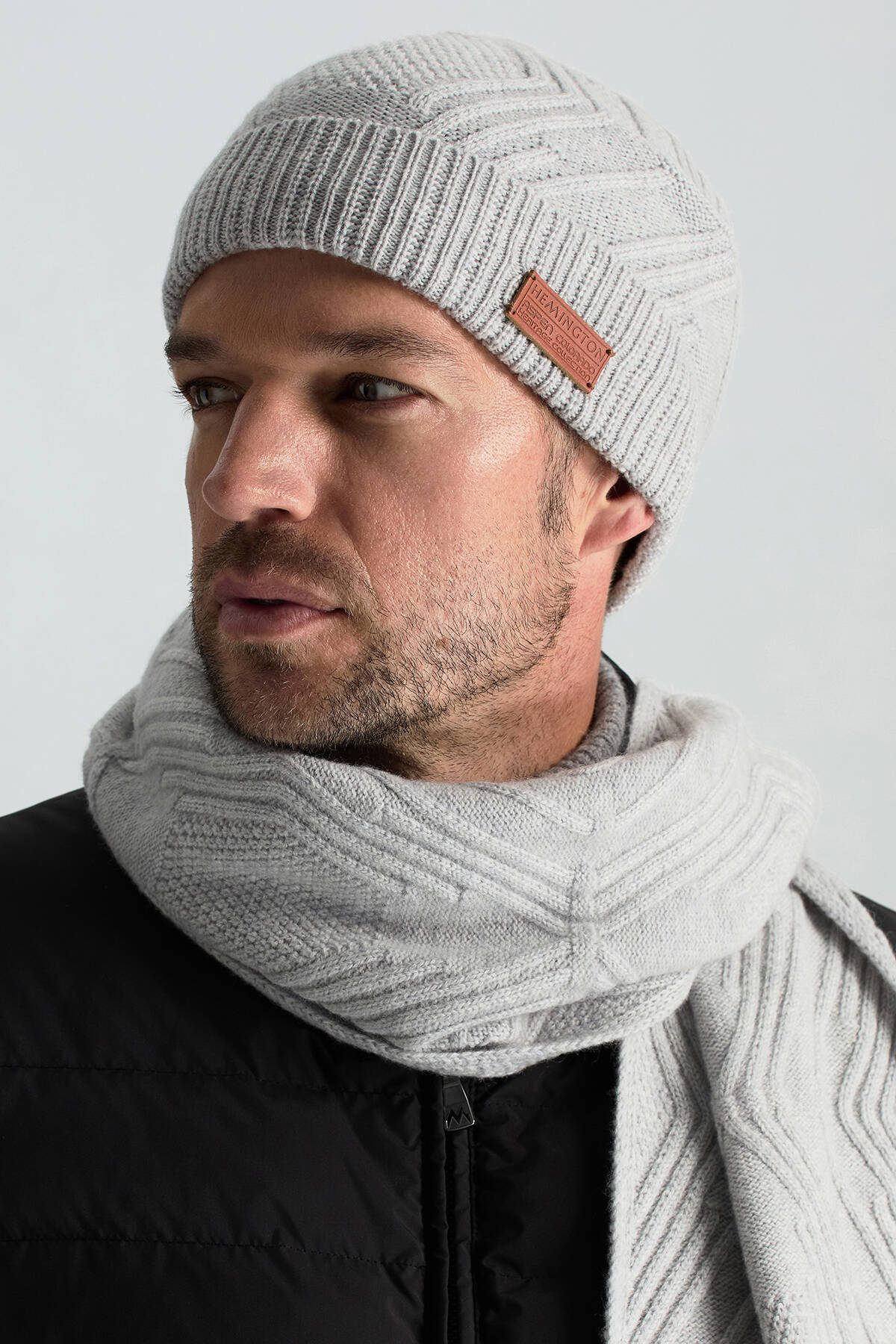 Merino Yün Kaşmir Karışım Desenli Açık Gri Bere