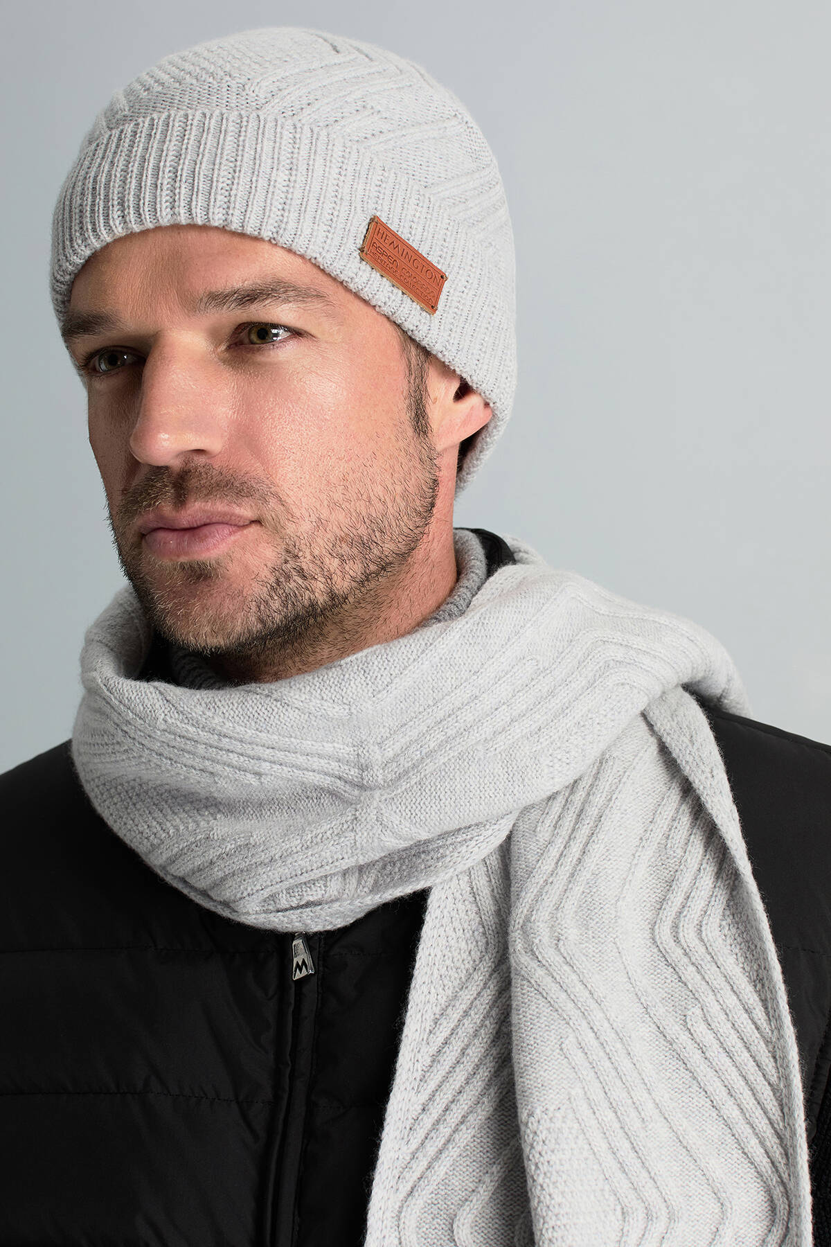 Merino Yün Kaşmir Karışım Desenli Açık Gri Bere