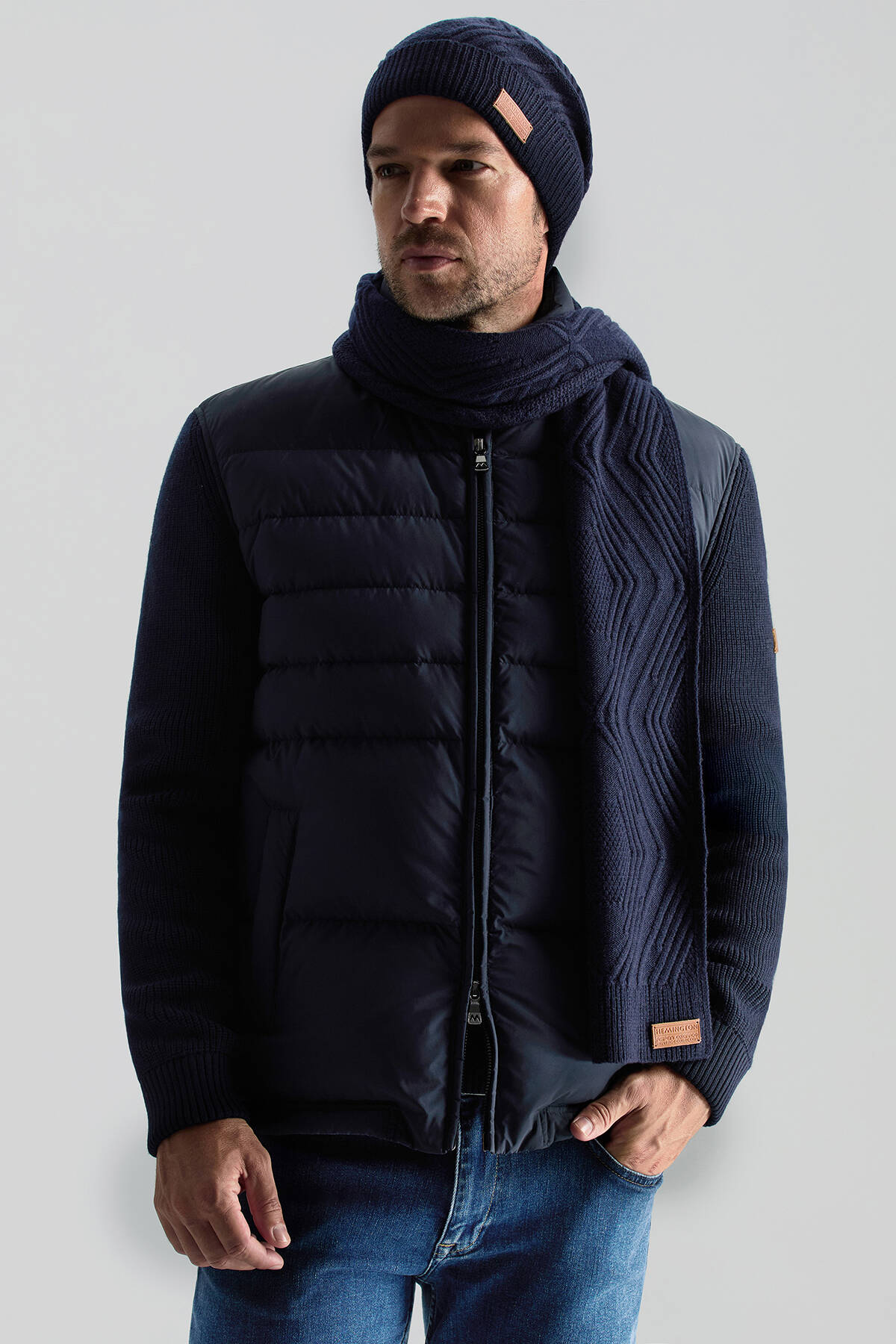 Merino Yün Kaşmir Karışım Desenli Lacivert Atkı