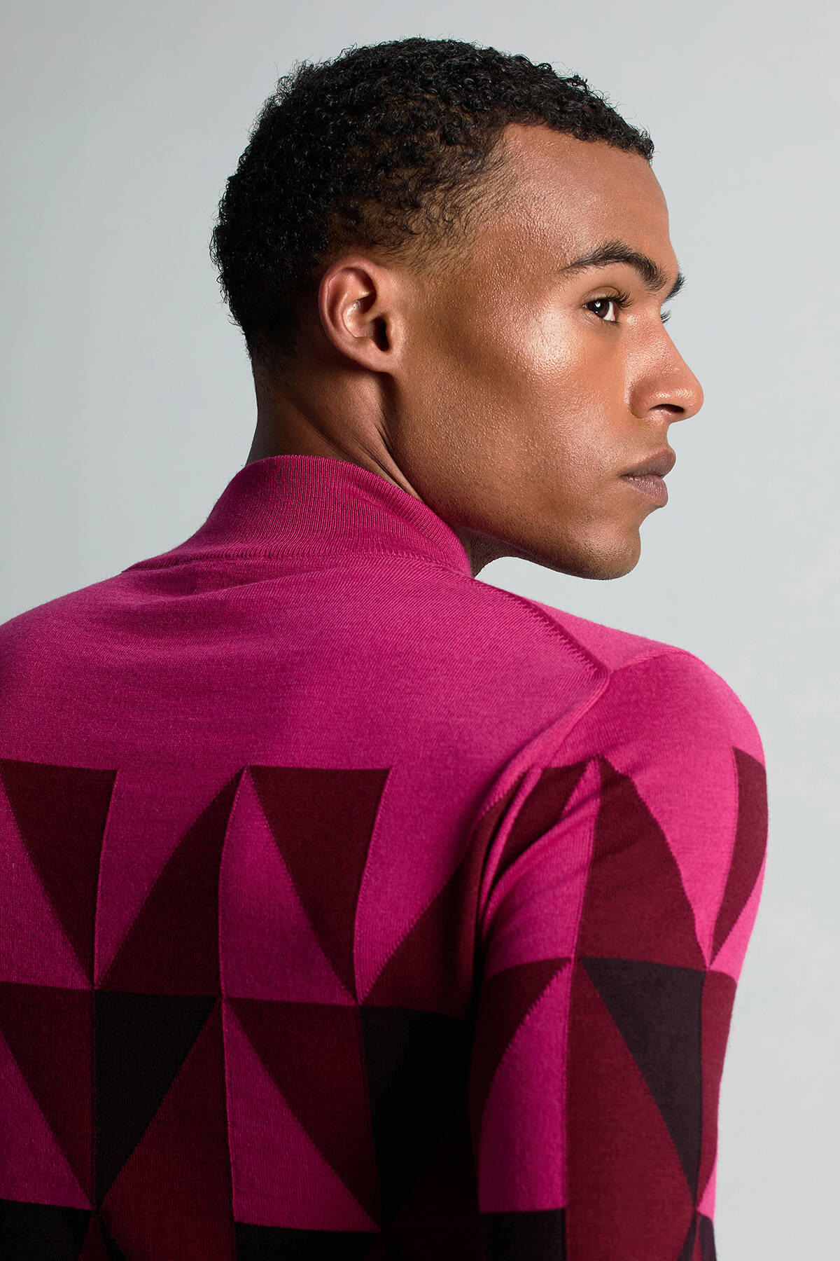 Merino Yün Lupetto Yaka Desenli Fuşya Triko