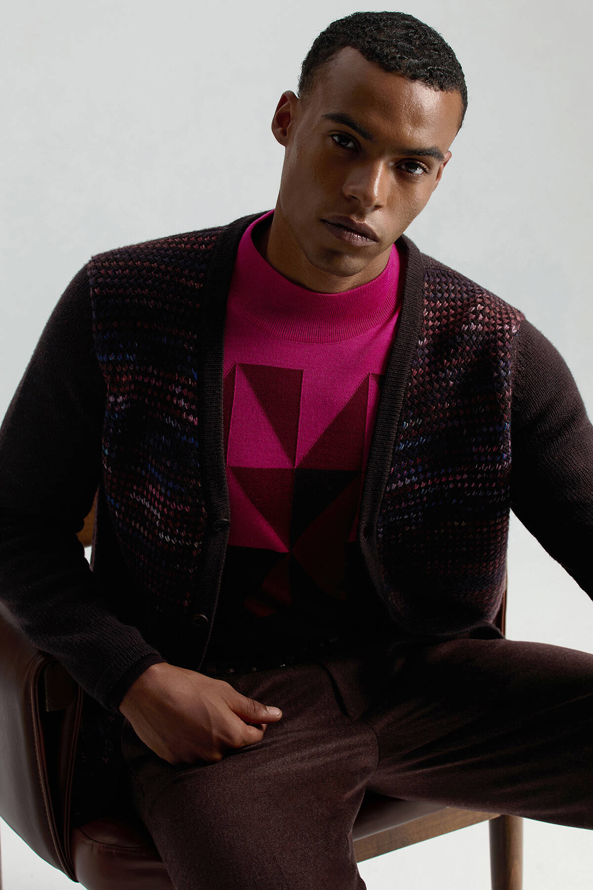 Merino Yün Lupetto Yaka Desenli Fuşya Triko