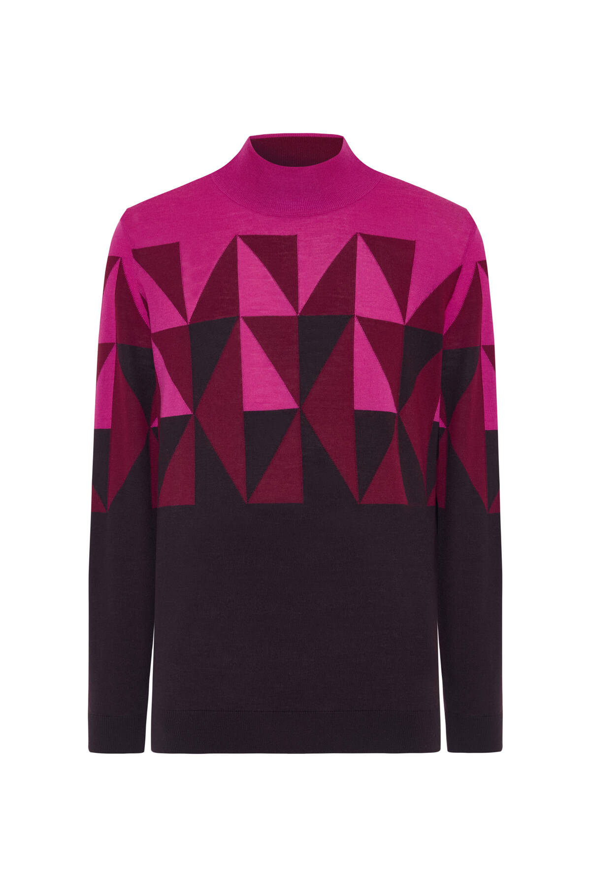 Merino Yün Lupetto Yaka Desenli Fuşya Triko