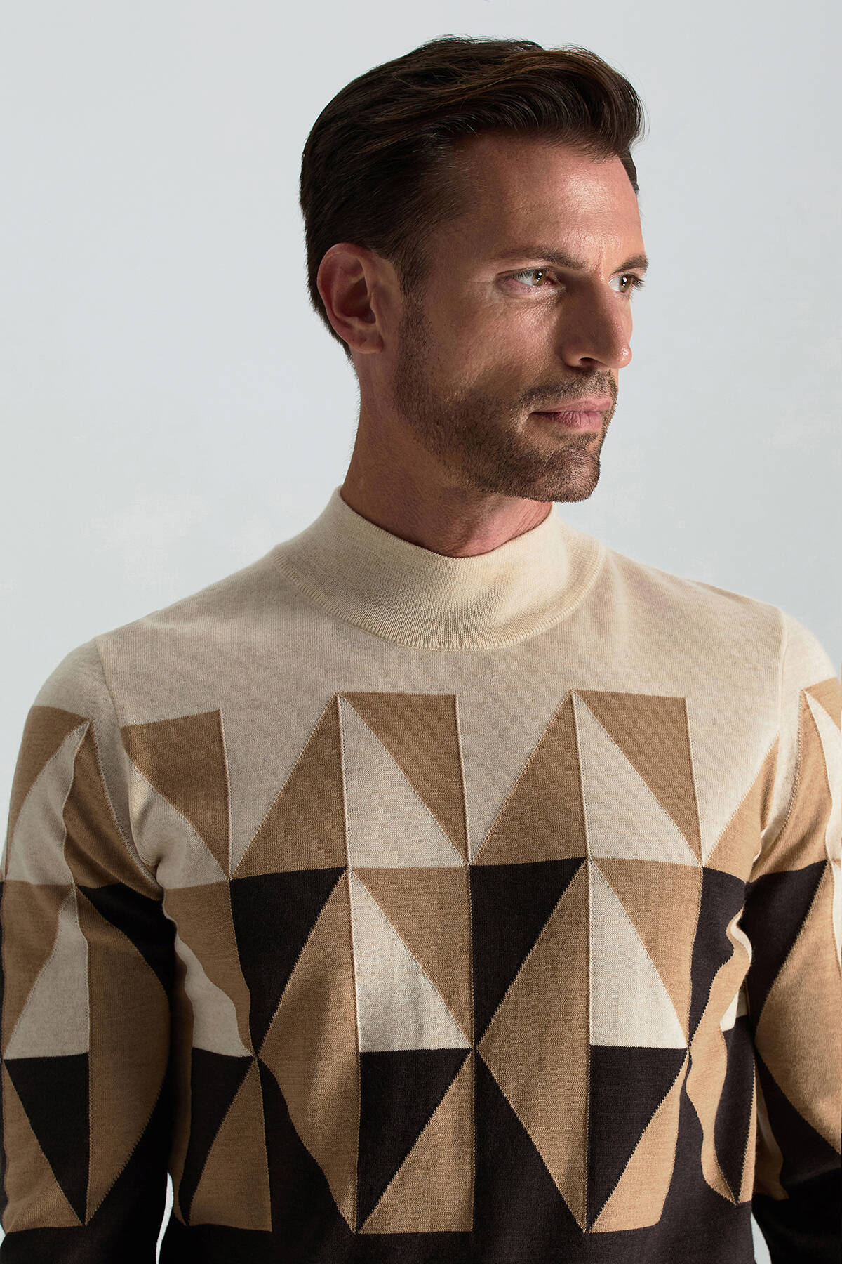 Merino Yün Lupetto Yaka Desenli Kahverengi Triko