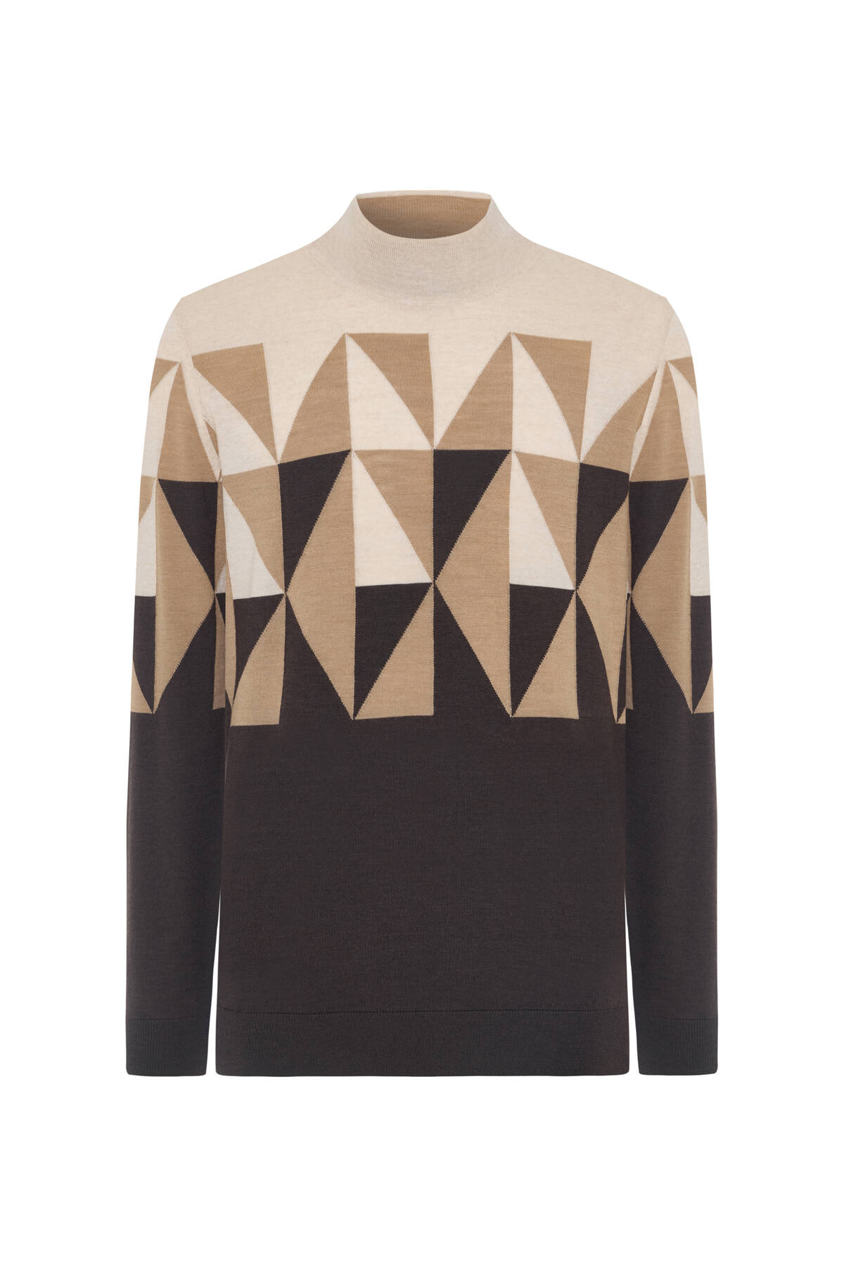 Merino Yün Lupetto Yaka Desenli Kahverengi Triko