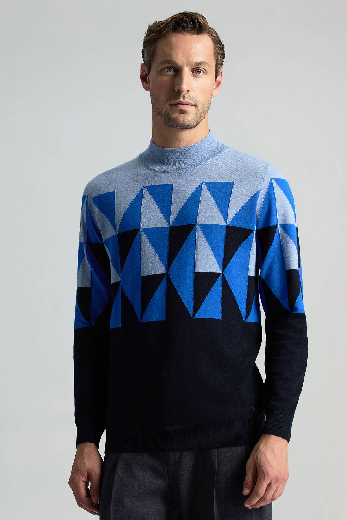 Merino Yün Lupetto Yaka Desenli Lacivert Triko