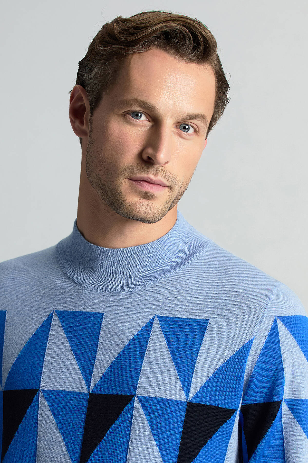 Merino Yün Lupetto Yaka Desenli Lacivert Triko