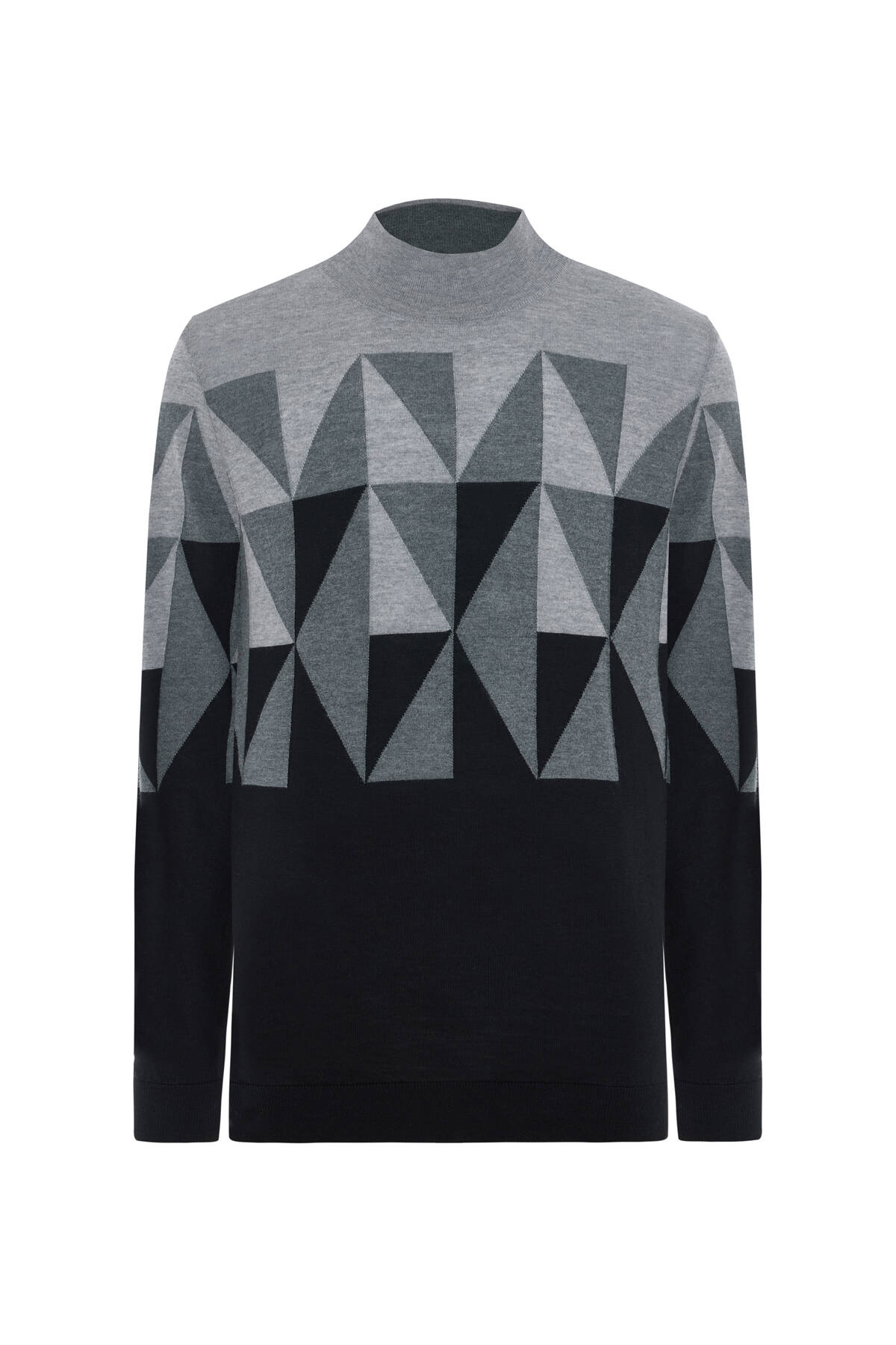 Merino Yün Lupetto Yaka Desenli Siyah Triko