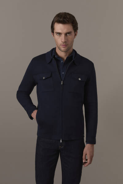 Merino Yün Metal Düğme Cepli Lacivert Triko Ceket - Hemington