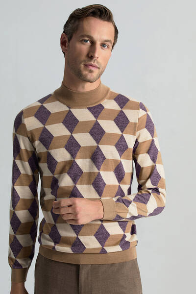 Merino Yünü Argyle Desen Lupetto Yaka Camel Triko