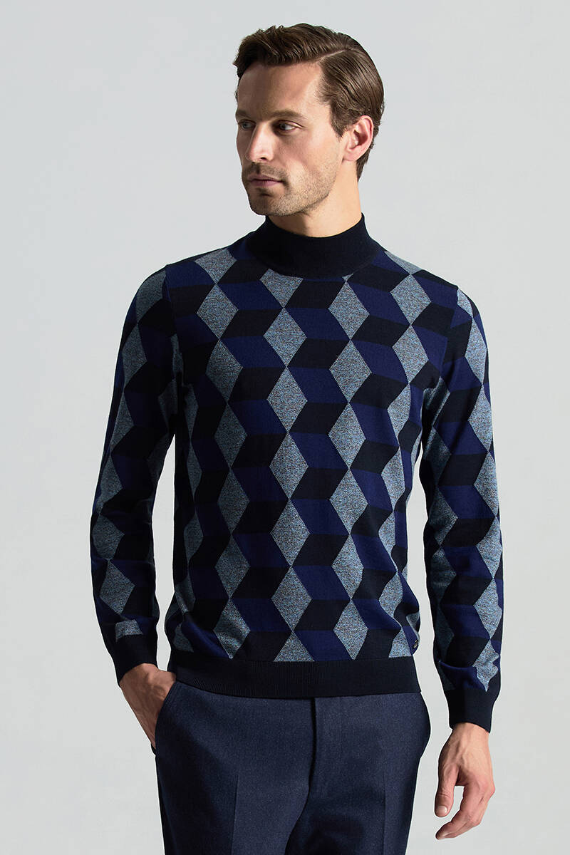 Merino Yünü Argyle Desen Lupetto Yaka Lacivert Triko