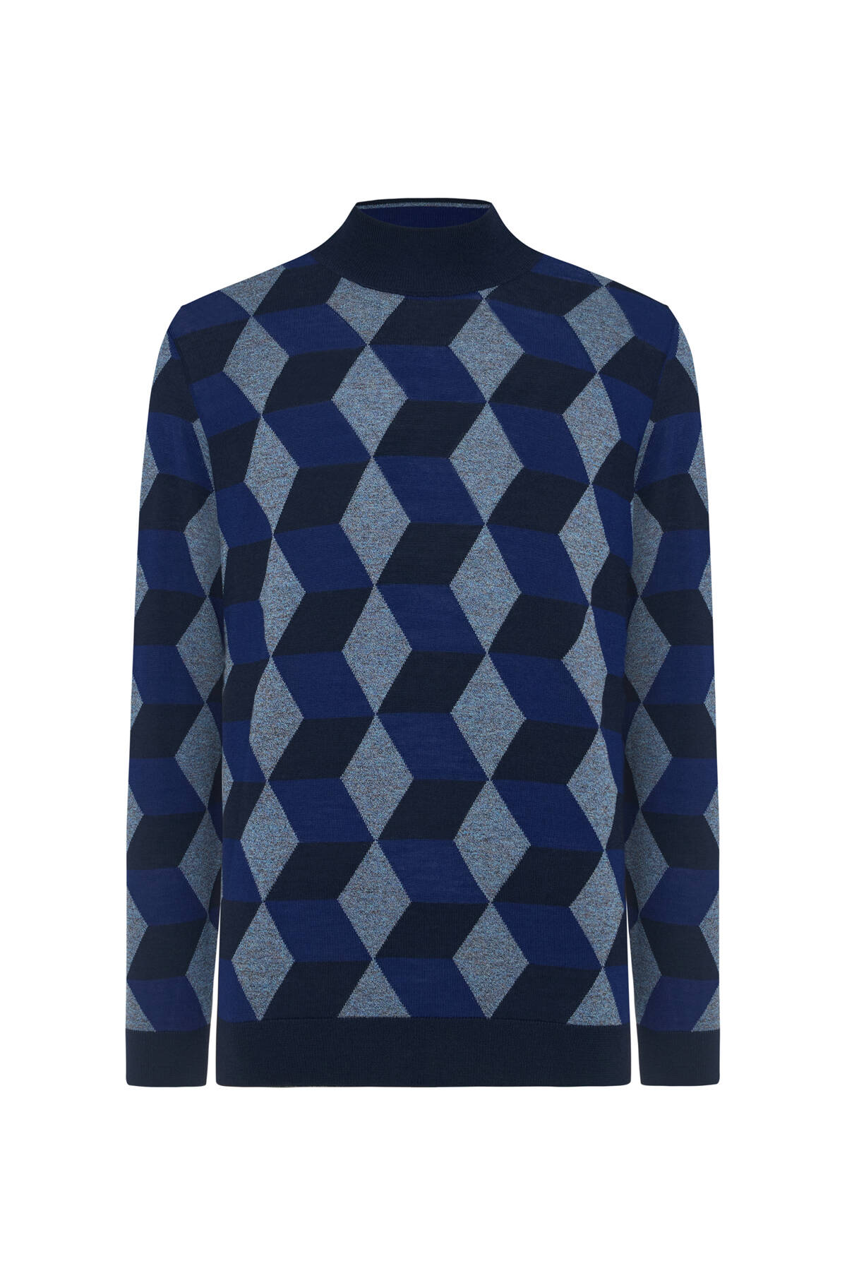 Merino Yünü Argyle Desen Lupetto Yaka Lacivert Triko