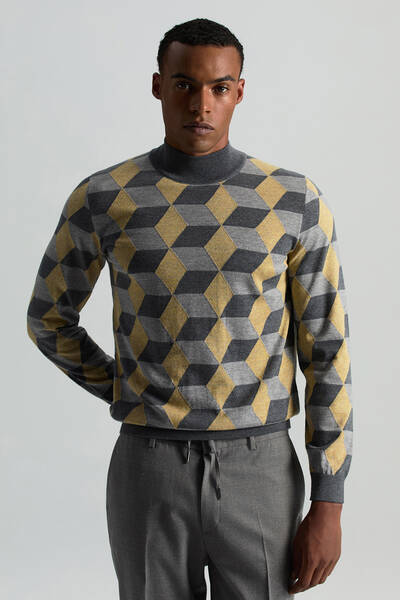 Merino Yünü Argyle Desen Lupetto Yaka Orta Gri Triko - Hemington