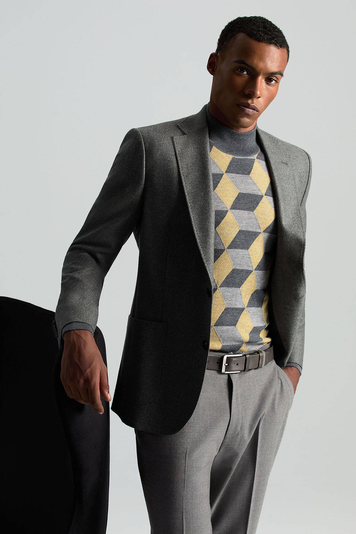 Merino Yünü Baklava Desen Lupetto Yaka Orta Gri Triko