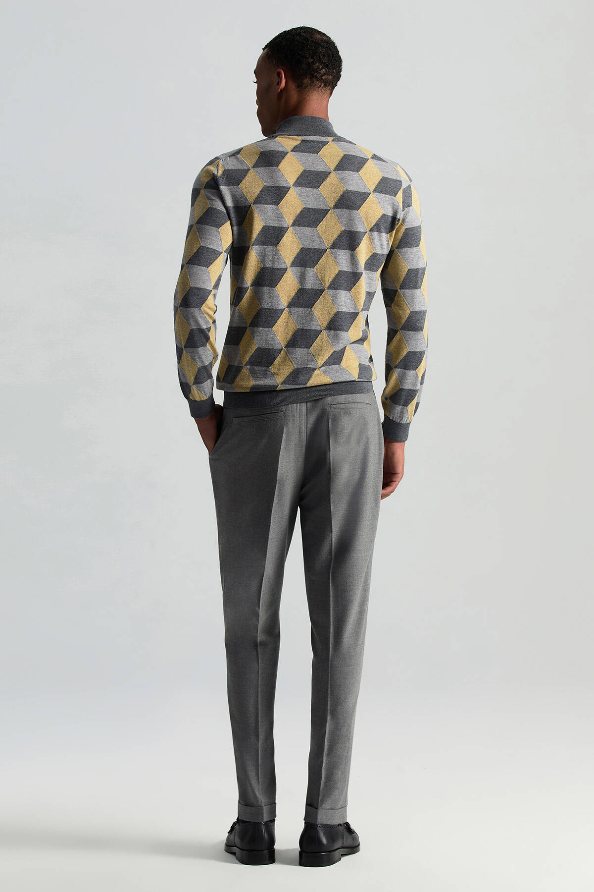 Merino Yünü Baklava Desen Lupetto Yaka Orta Gri Triko