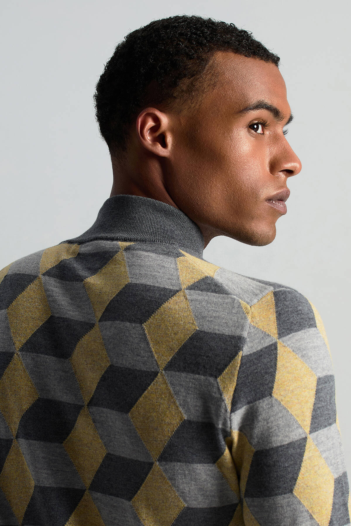 Merino Yünü Baklava Desen Lupetto Yaka Orta Gri Triko