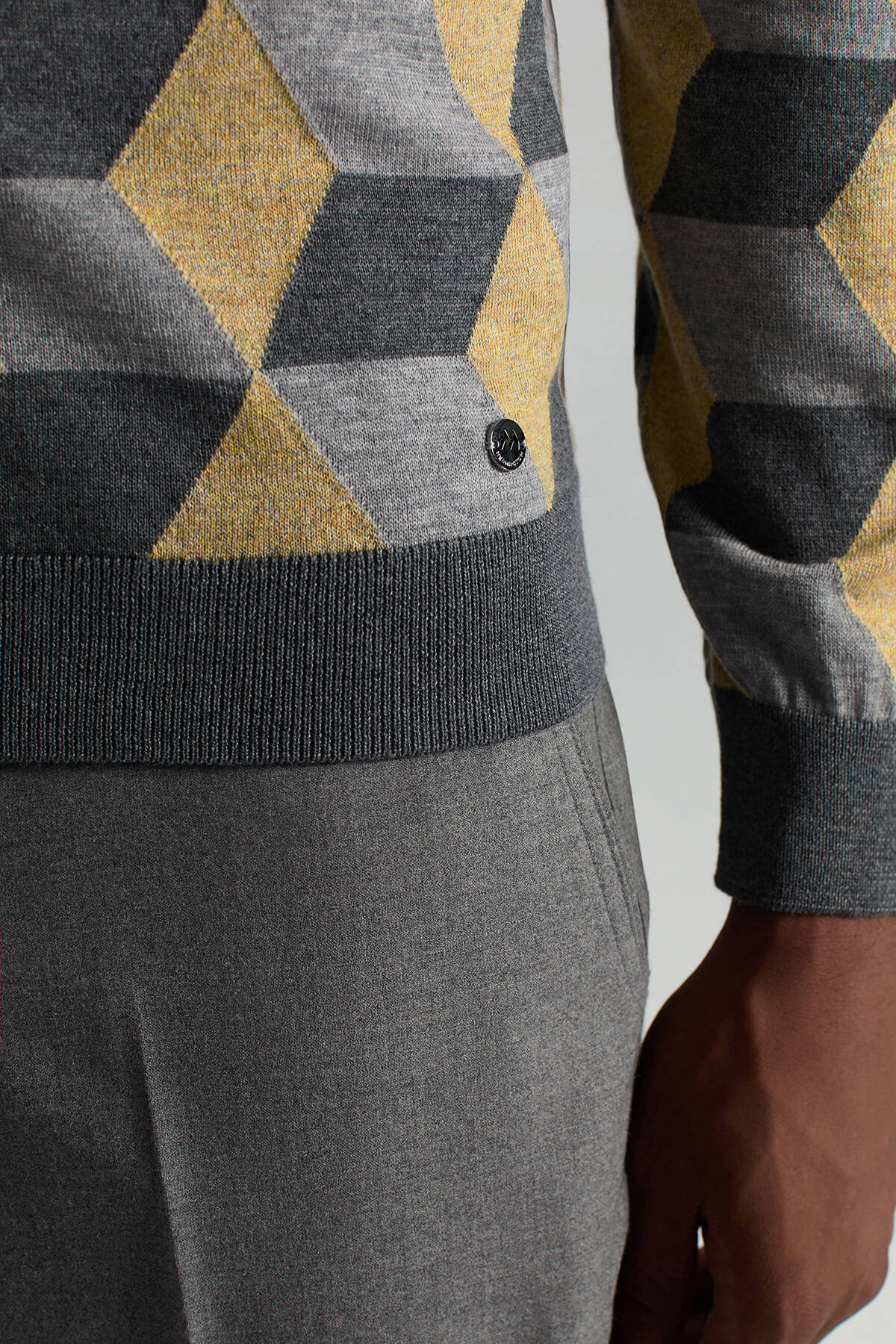 Merino Yünü Baklava Desen Lupetto Yaka Orta Gri Triko