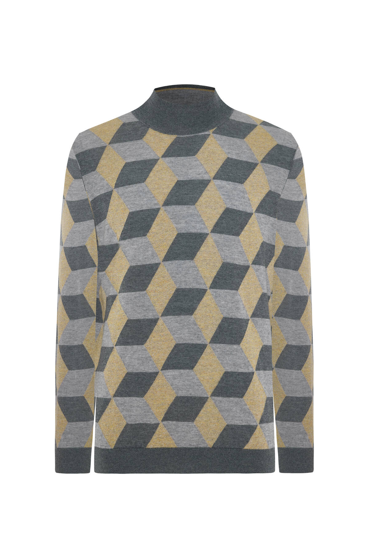 Merino Yünü Baklava Desen Lupetto Yaka Orta Gri Triko