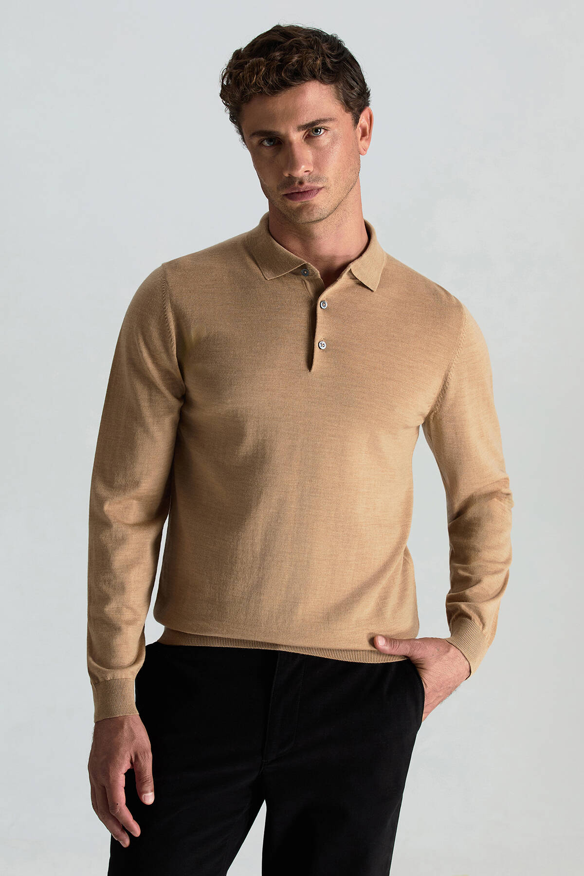 Merino Yünü Polo Yaka Camel Triko