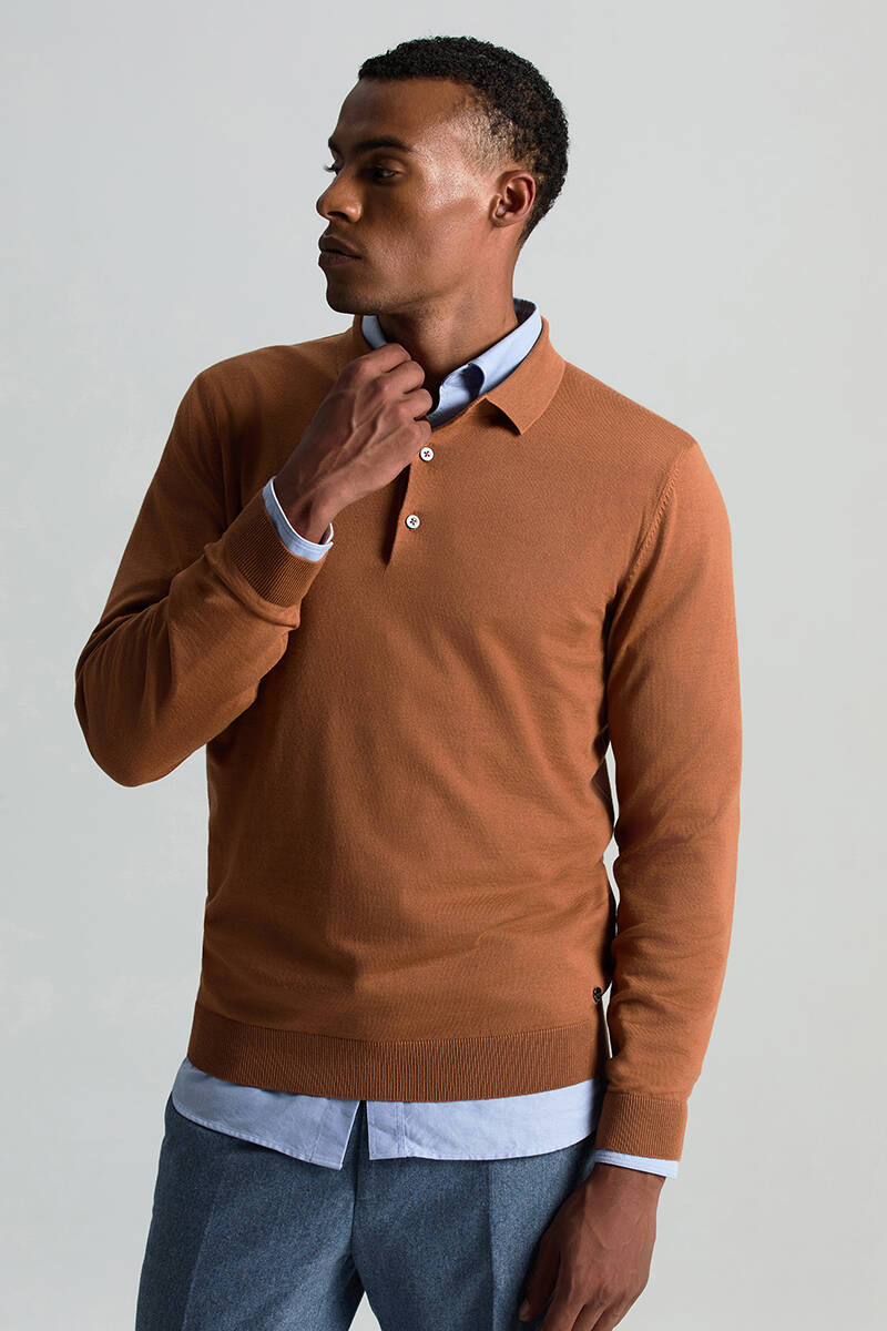 Merino Yünü Polo Yaka Konyak Rengi Triko