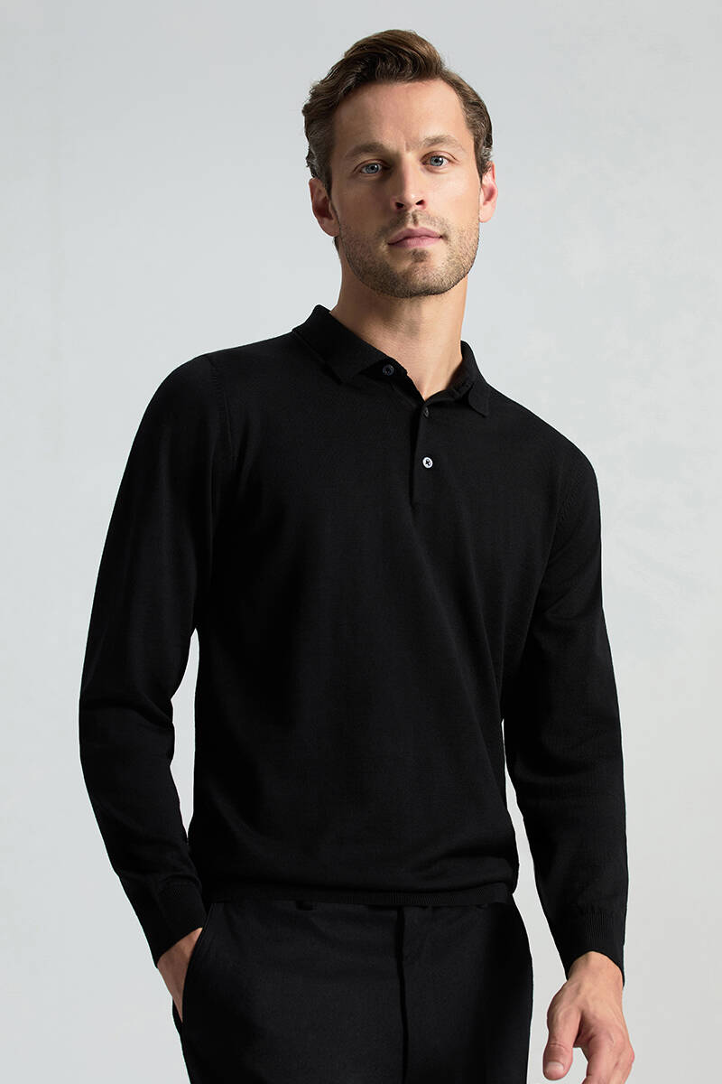 Merino Yünü Polo Yaka Siyah Triko