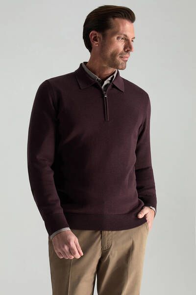Merino Yünü Polo Yaka Yarım Fermuarlı Bordo Triko Kazak - Hemington (1)