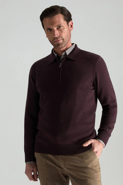Merino Yünü Polo Yaka Yarım Fermuarlı Bordo Triko Kazak - Hemington