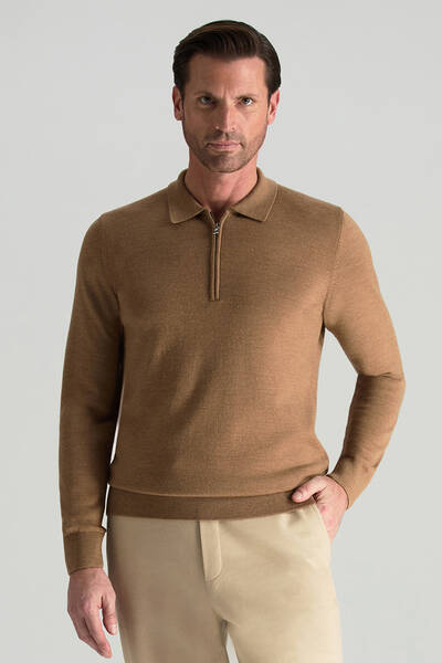 Merino Yünü Polo Yaka Yarım Fermuarlı Camel Triko Kazak - Hemington