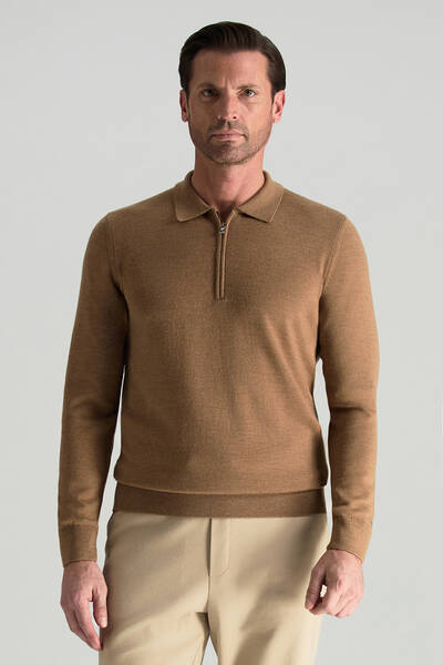 Merino Yünü Polo Yaka Yarım Fermuarlı Camel Triko Kazak - Hemington (1)