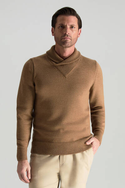 Merino Yünü Şal Yaka Camel Triko Kazak - Hemington