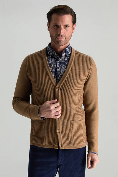 Merino Yünü Şerit Desenli Camel Triko Hırka - Hemington