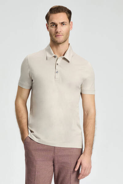 Merserize Pamuk Açık Bej Polo Yaka T-Shirt - Hemington