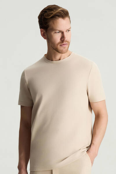 Merserize Pamuk Bisiklet Yaka Bej Basic T-Shirt - Hemington