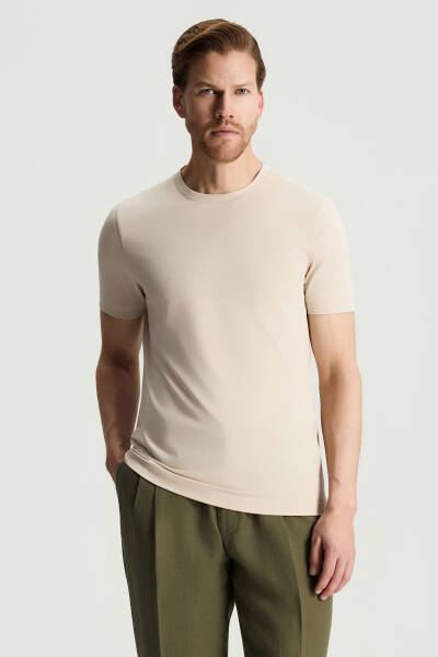 Merserize Pamuk Bisiklet Yaka Bej T-Shirt - Hemington