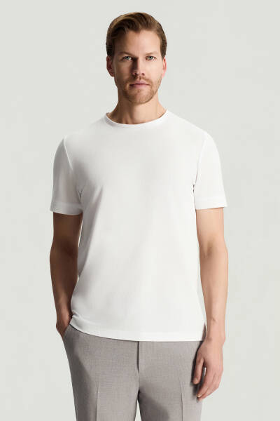 Merserize Pamuk Bisiklet Yaka Beyaz Basic T-Shirt