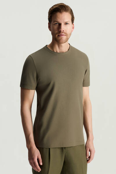 Merserize Pamuk Bisiklet Yaka Haki Basic T-Shirt