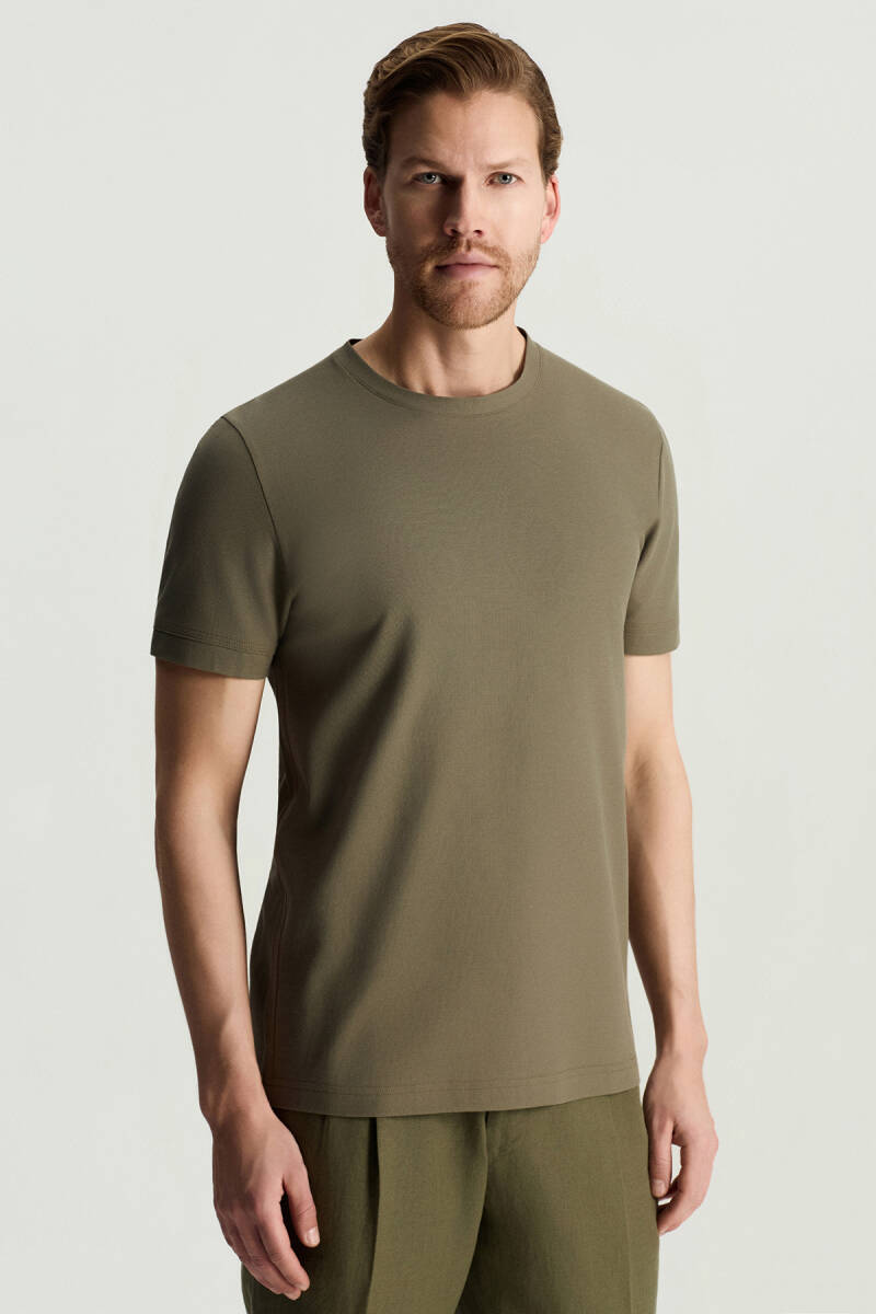 Merserize Pamuk Bisiklet Yaka Haki Basic T-Shirt | Hemington