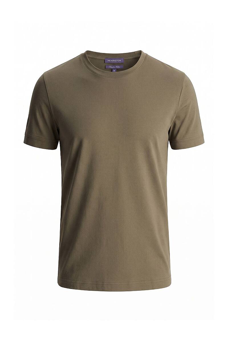 Merserize Pamuk Bisiklet Yaka Haki Basic T-Shirt | Hemington