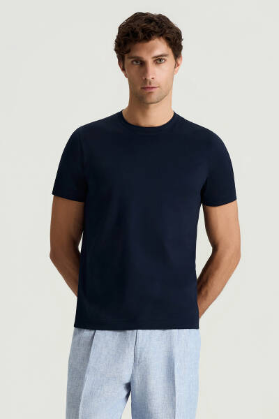 Merserize Pamuk Bisiklet Yaka Lacivert T-Shirt - Hemington