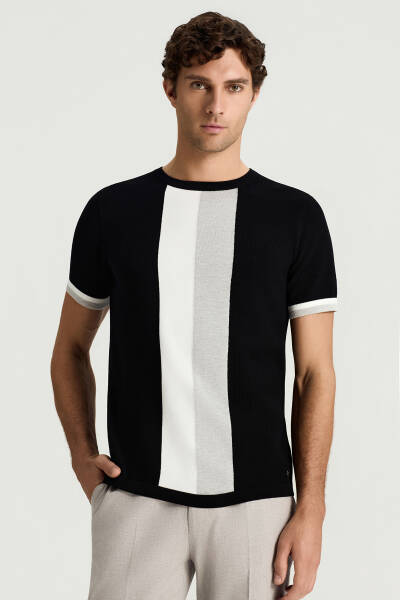 Merserize Pamuk Blok Detaylı Bisiklet Yaka Siyah-Gri Triko T-Shirt