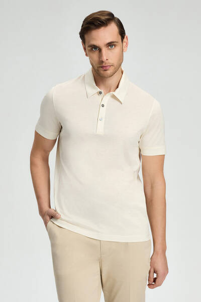 Merserize Pamuk Krem Rengi Polo Yaka T-Shirt - Hemington