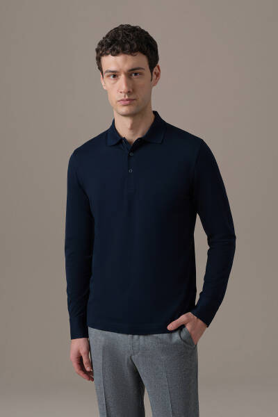 Merserize Pamuk Lacivert Uzun Kollu Polo T-Shirt - Hemington