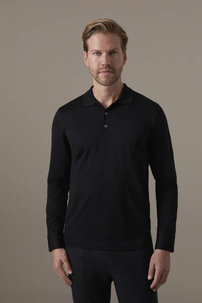 Merserize Pamuk Siyah Uzun Kollu Polo T-Shirt - Hemington